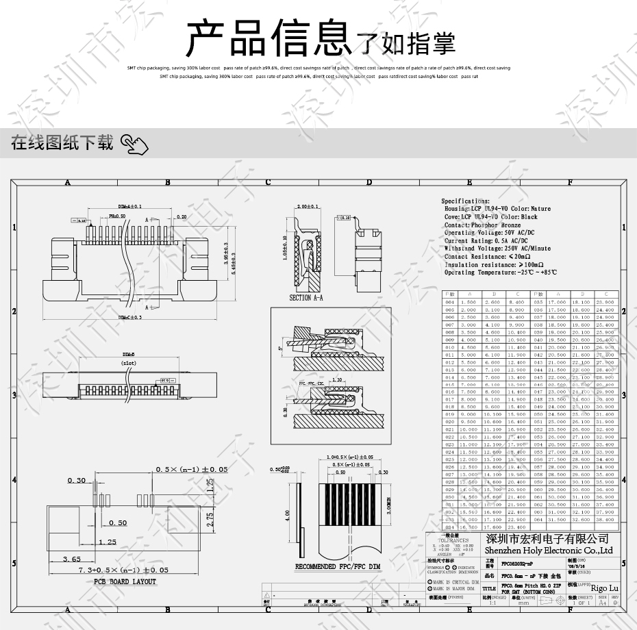 FFC/蝌蚪窉成人精品视频 軟排線插座 0.5mm間距-45P 下接拉鎖 45Pin 抽屜式