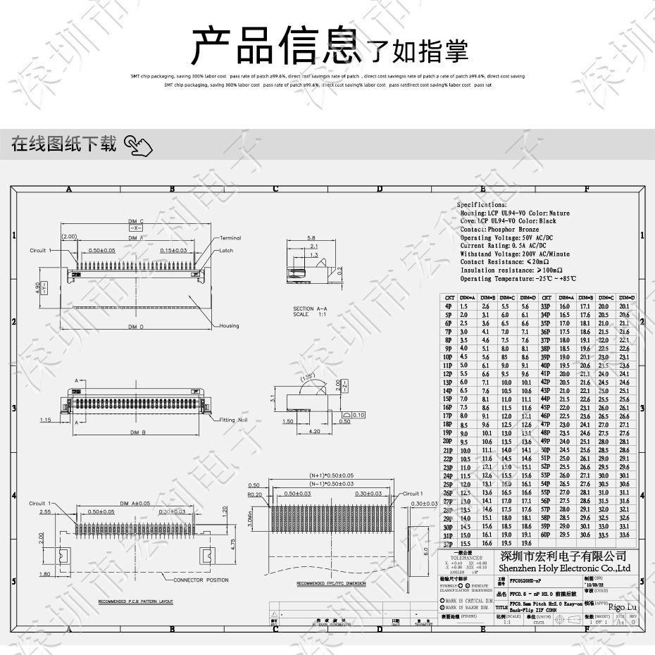 fpc/ffc連接器 軟排線直連接器 40pin 40p 40芯0.5mm間距後掀蓋式